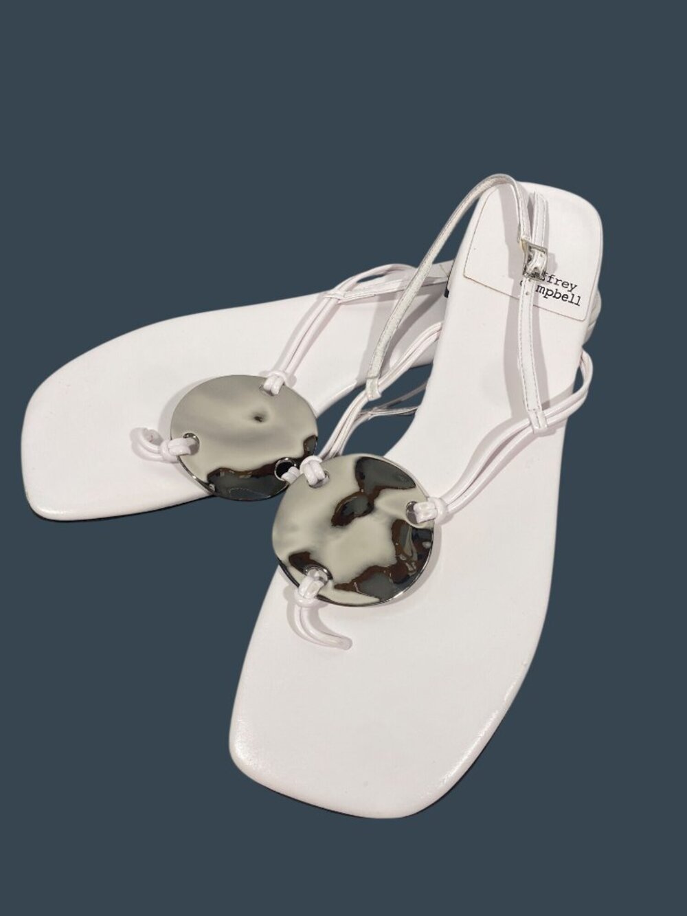 Jeffrey Campbell Chance White Strappy Flat Sandal shoes Silver Disc women's 9